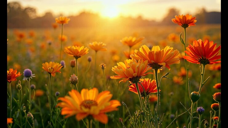 Beautiful Orange and Yellow Flowers in a Field at Sunrise/Sunset