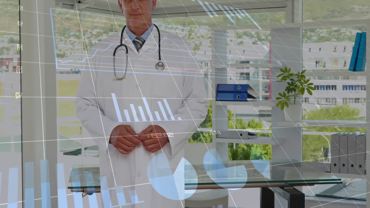 In modern office, doctor in white coat analyzing data charts with animation