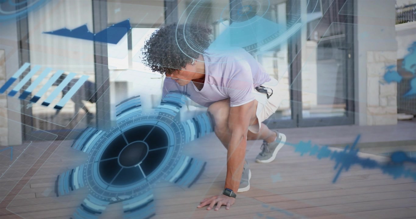 Man reaching phone and doing fast climber reps on wooden deck, HUD charts guiding fitness form