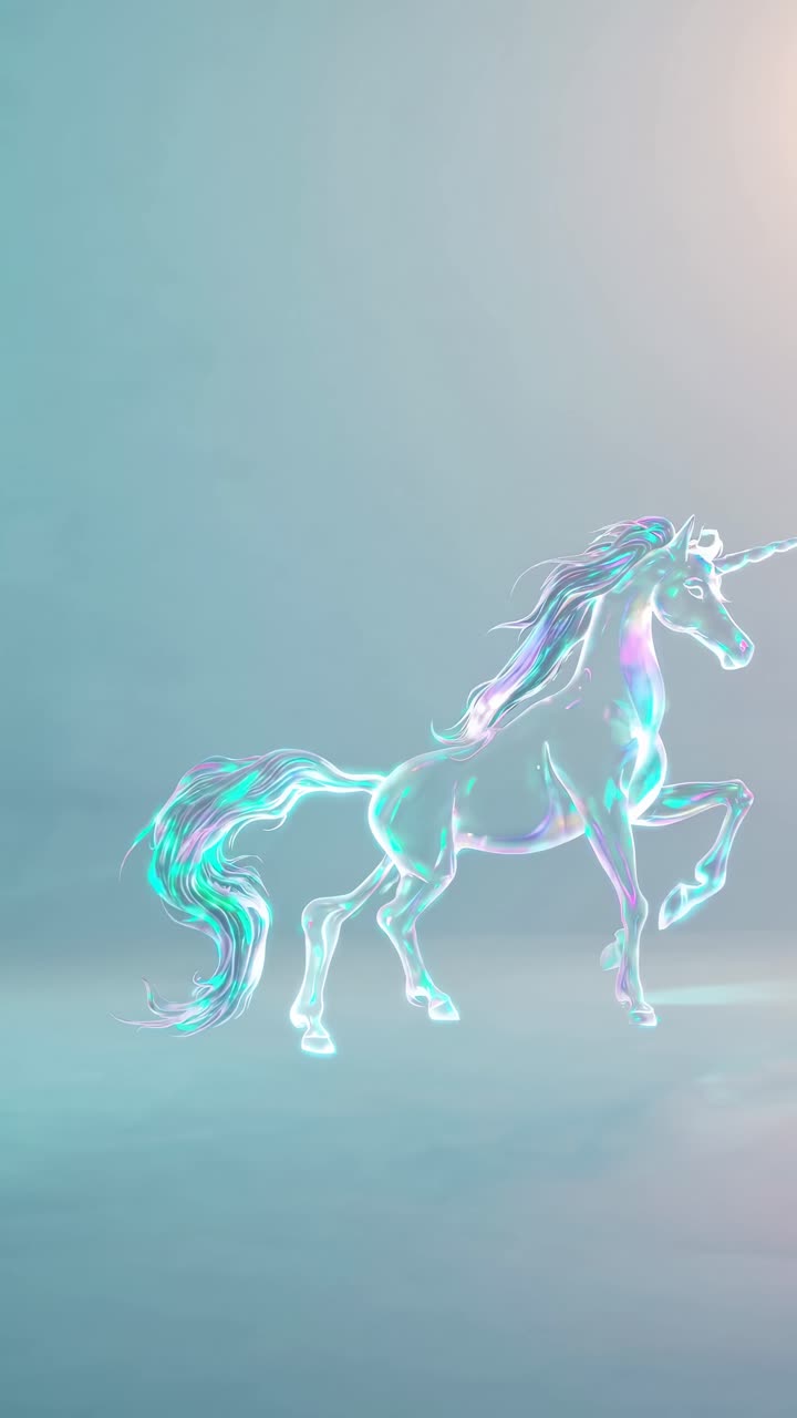 A shimmering holographic unicorn in profile view, captured from a low angle, set against a dreamy