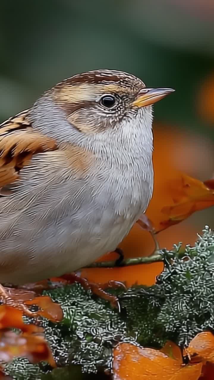 Primo piano di un maestoso uccello tra le foglie autunnali, che cattura la bellezza e i dettagli della natura in ogni piuma ed espressione.
