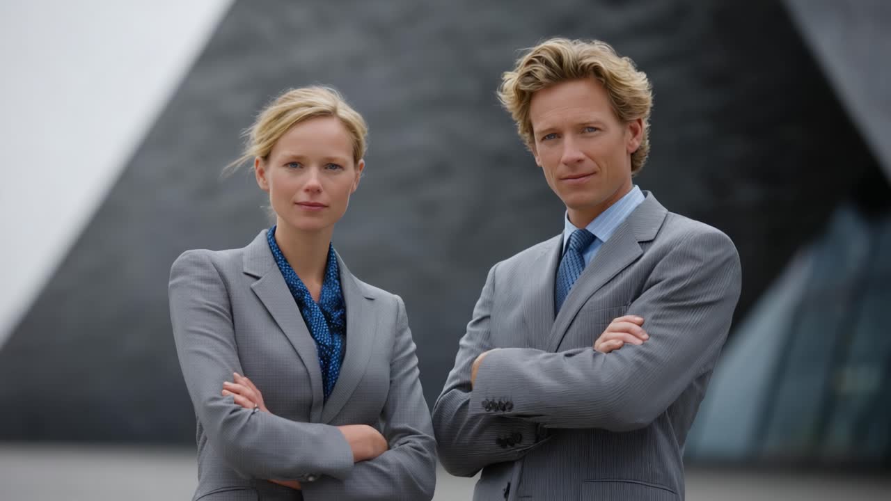 A Confident Duo in Business Attire Showcasing Professionalism and Determination Against a Modern Architectural Backdrop
