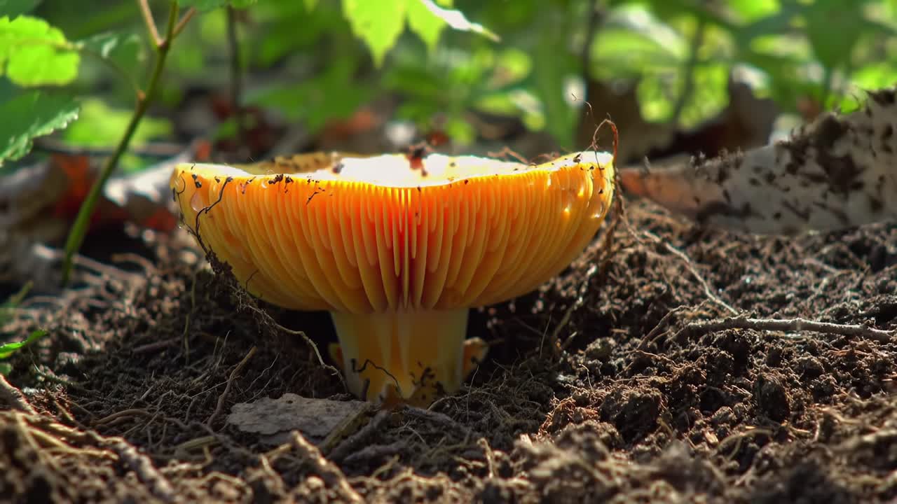 Close-Up Exploration of an Exquisite Golden Mushroom Emerging from the Forest Floor Surrounded by Lush Greenery Captured in Two Frames