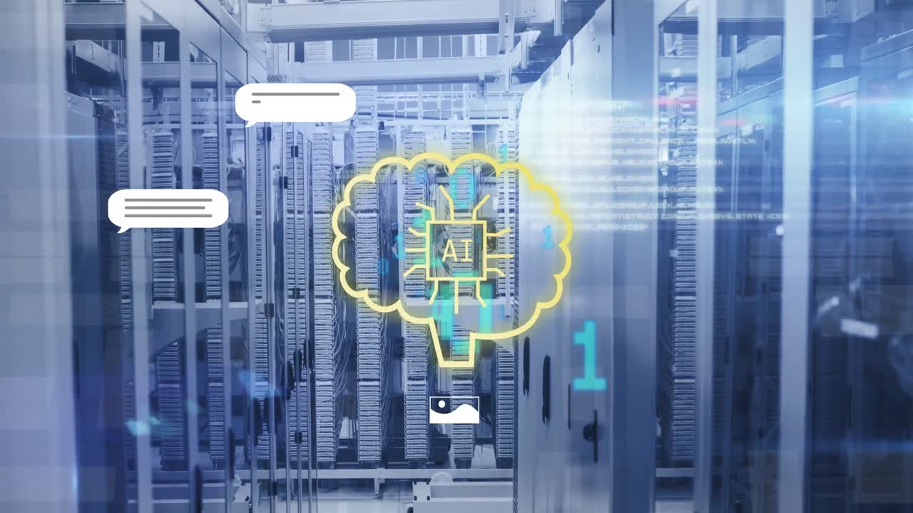 Animation of ai text, icons and data processing over computer servers