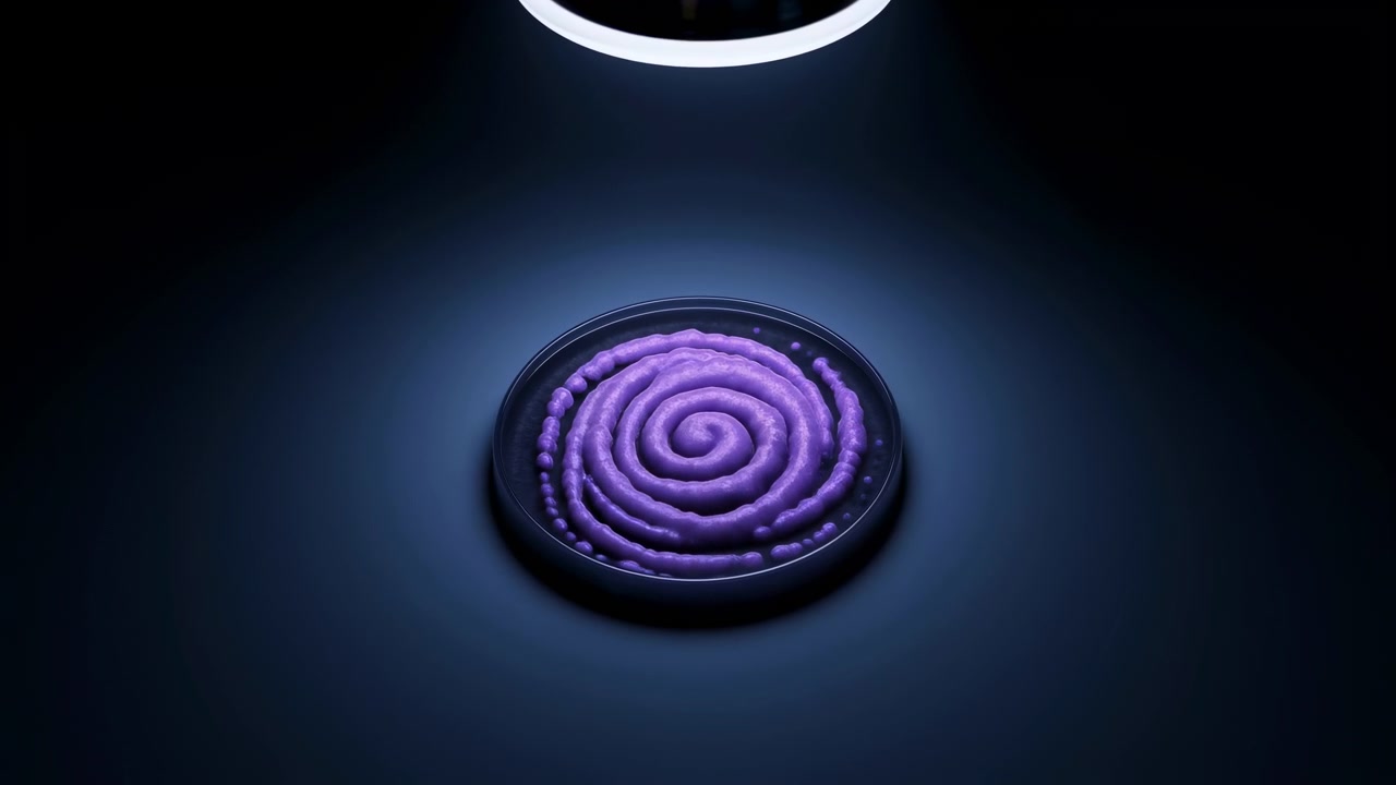 High-angle studio composition showing dark round plate beneath circular overhead ring light, holding purple piped spiral with concentric bead border, glossy texture, moody contrast, centered