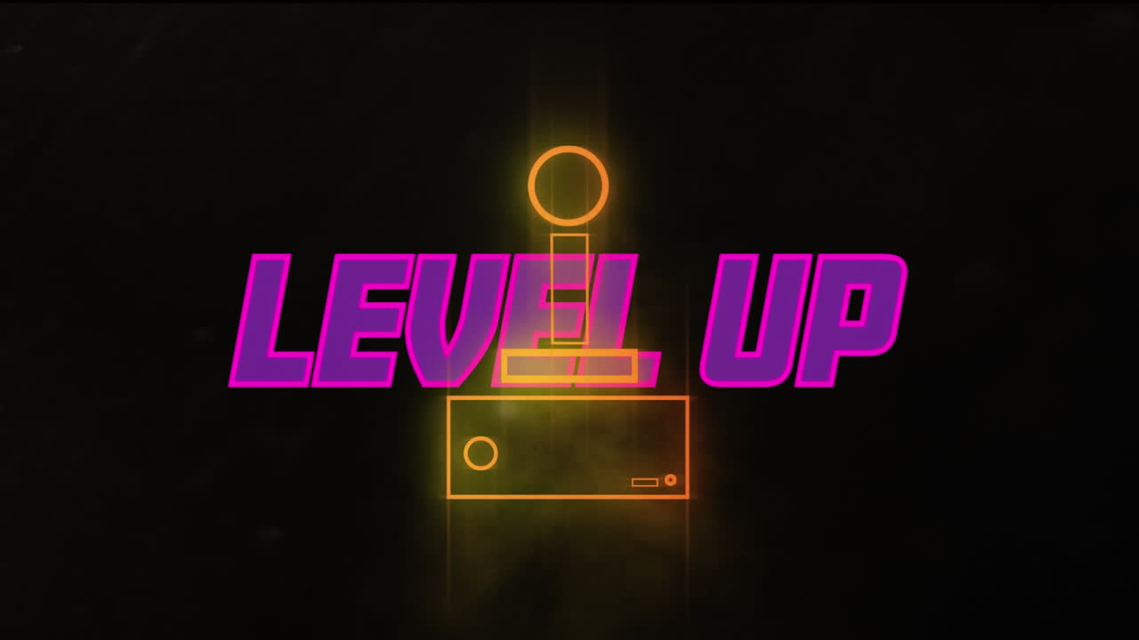 animación de texto de nivel púrpura y consola iluminada sobre fondo negro