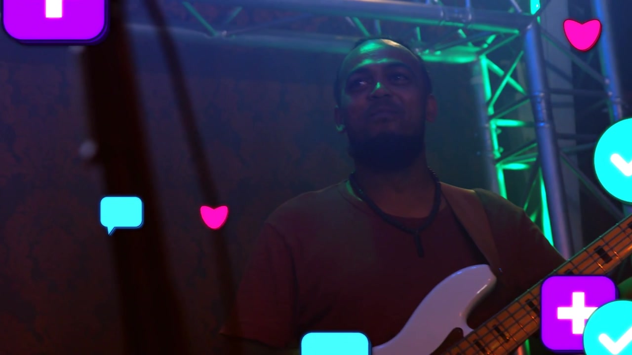 Bassist playing on stage, icons entering from edges covering hands, showing music engagement