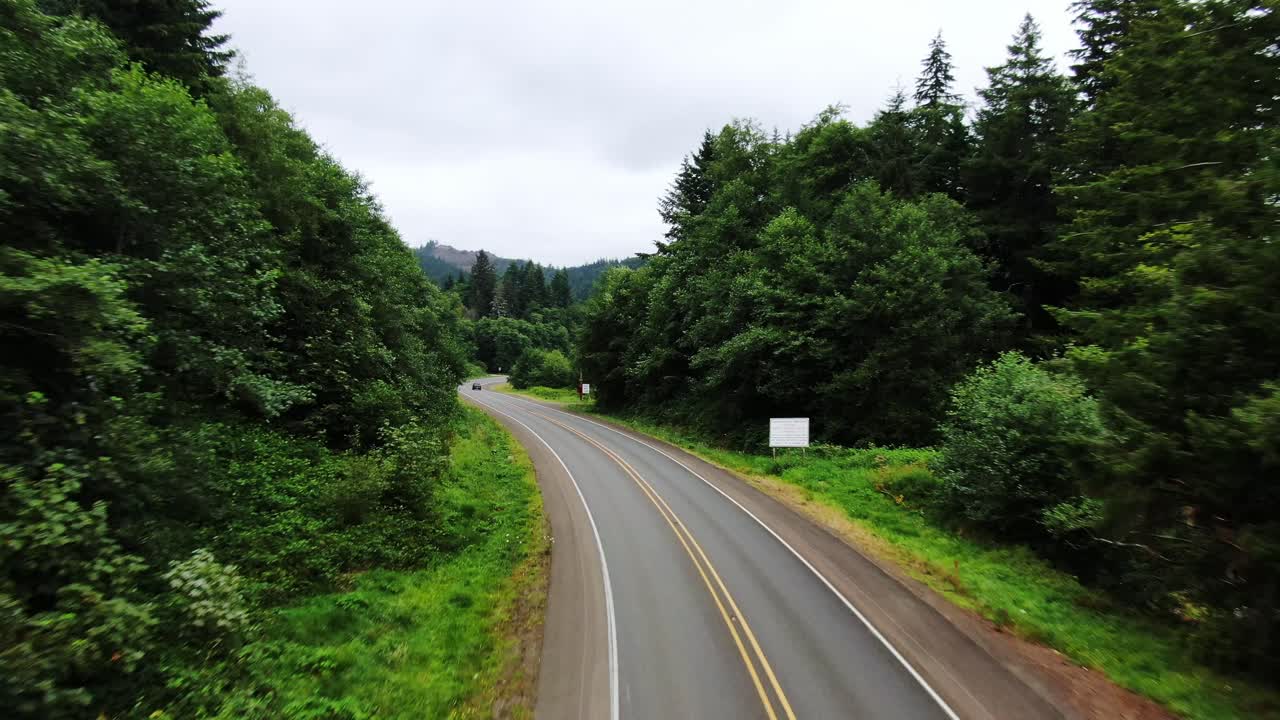 voo aéreo ao longo da estrada rodoviária através de uma bela floresta verdejante ao longo da costa