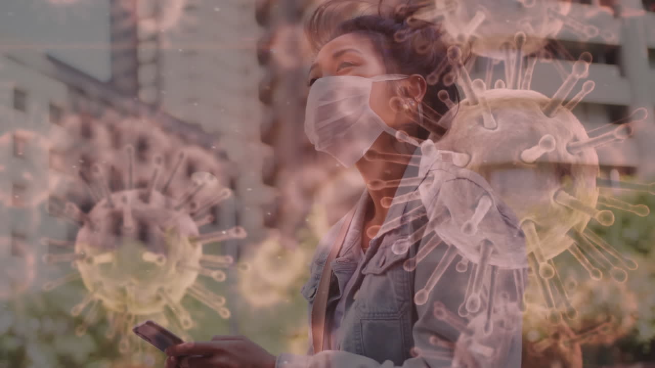 animación del macro virus y las células del coronavirus covid-19 que se propagan sobre una mujer que lleva una máscara