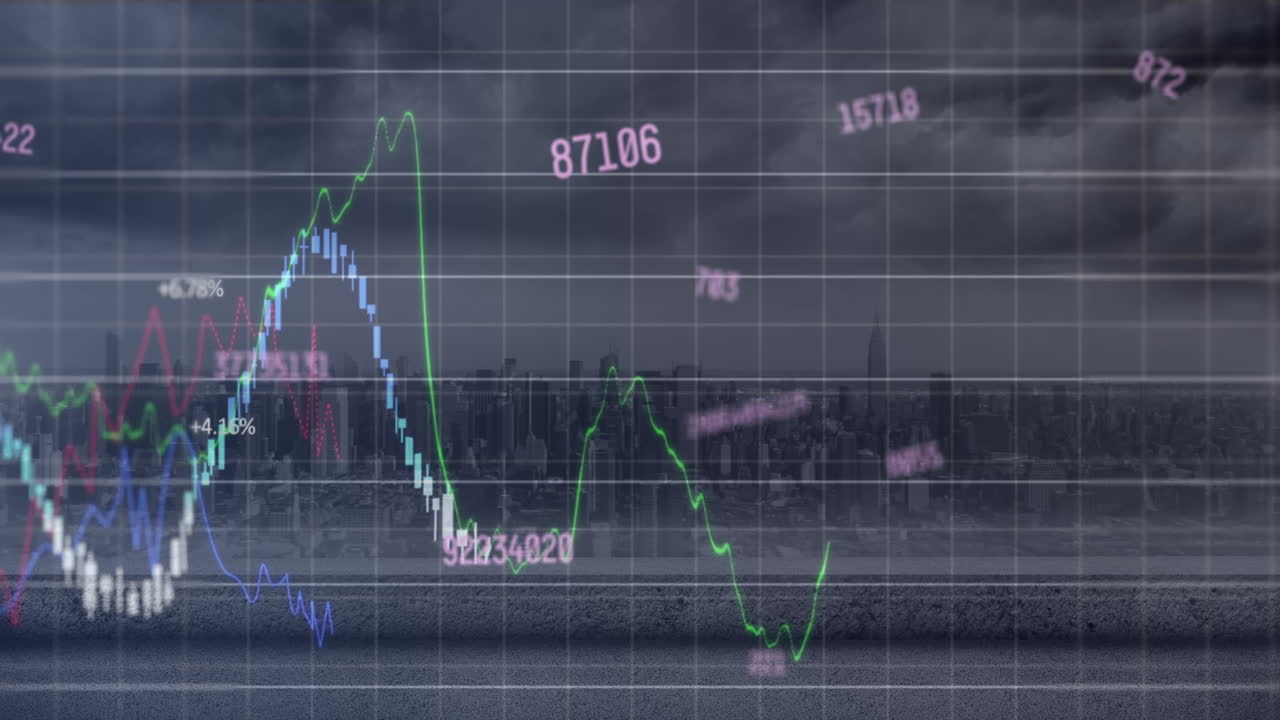 Animation wechselnder Zahlen und Finanzdatenverarbeitung vor einer Luftaufnahme einer Stadt