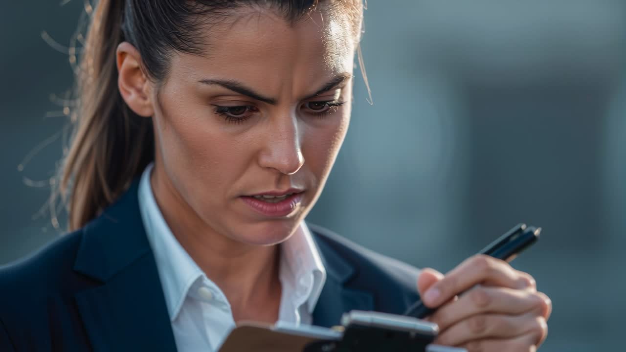 Studying woman in navy blazer gaze dropping to clipboard, reviewing document using pen, phone