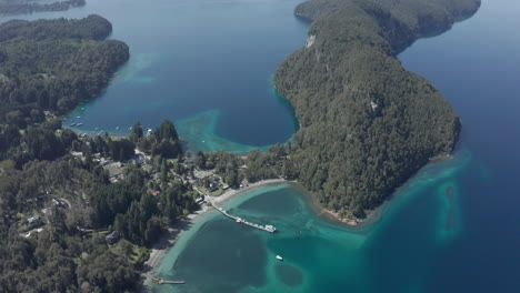 Aerial---Nahuel-Huapi-Lake-In-Arrayanes-National-Park,-Villa-La-Angostura,-Neuquen,-Argentina,-Rising-Tilt-Up