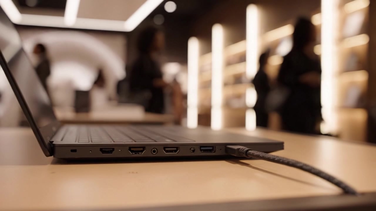 Primo piano di un laptop elegante su un tavolo moderno in un ambiente ben illuminato, con porte e cavi in un contesto contemporaneo.