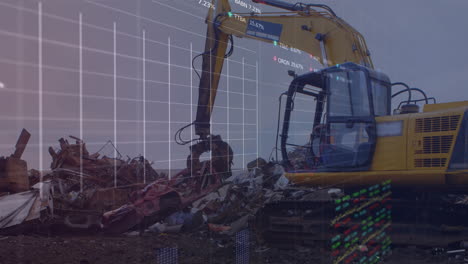 animación de múltiples gráficos y tableros de negociación, grúa agarrando chatarra de metal en el depósito de chatarra