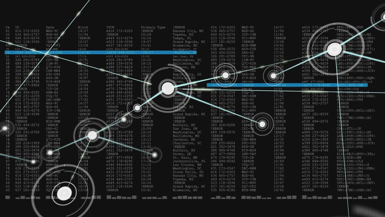 Expanding data network forming as live feed arriving on dark HUD, pulsing nodes linking blue bars