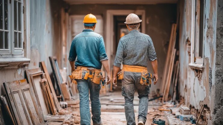 Twee Bouwvakkers Lopen Samen Door een Gerenoveerde Gang, Waarbij Teamwork en Vooruitgang in een Huisrenovatieproject Worden Getoond.
