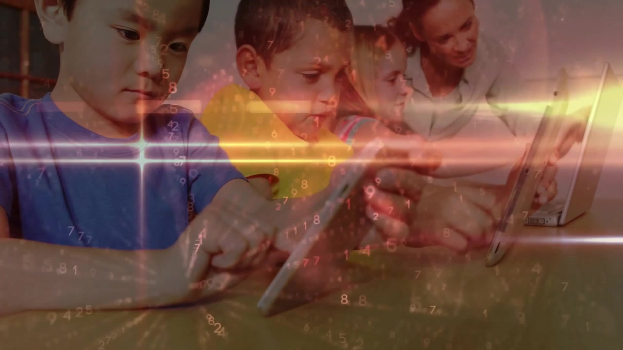 Asian boy picking tablet starting educational tasks as tutor guiding children at wooden table