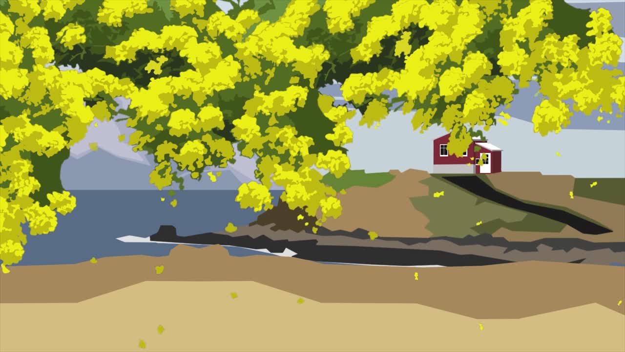 escena costera con flores amarillas y una casa roja