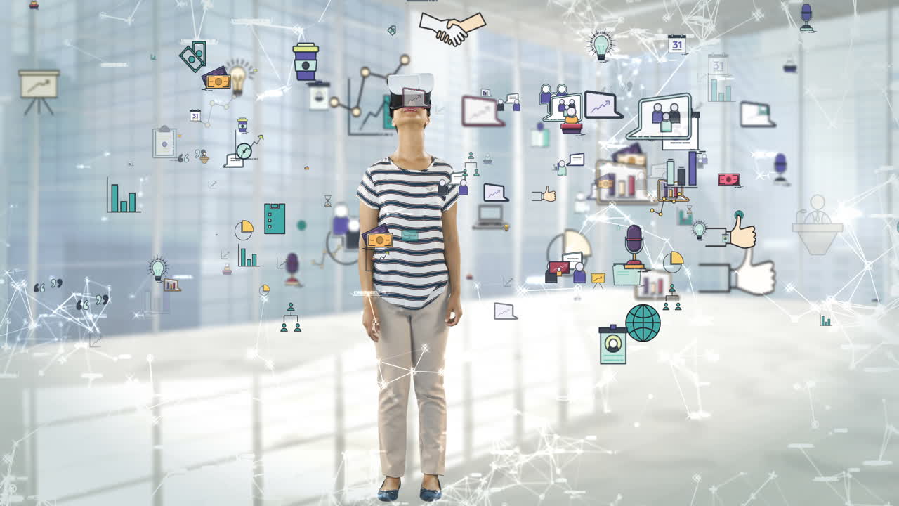 디지털로 생성된 비즈니스 아이콘 4k와 함께 가상 현실 헤드 ⁇ 을 사용하는 여성