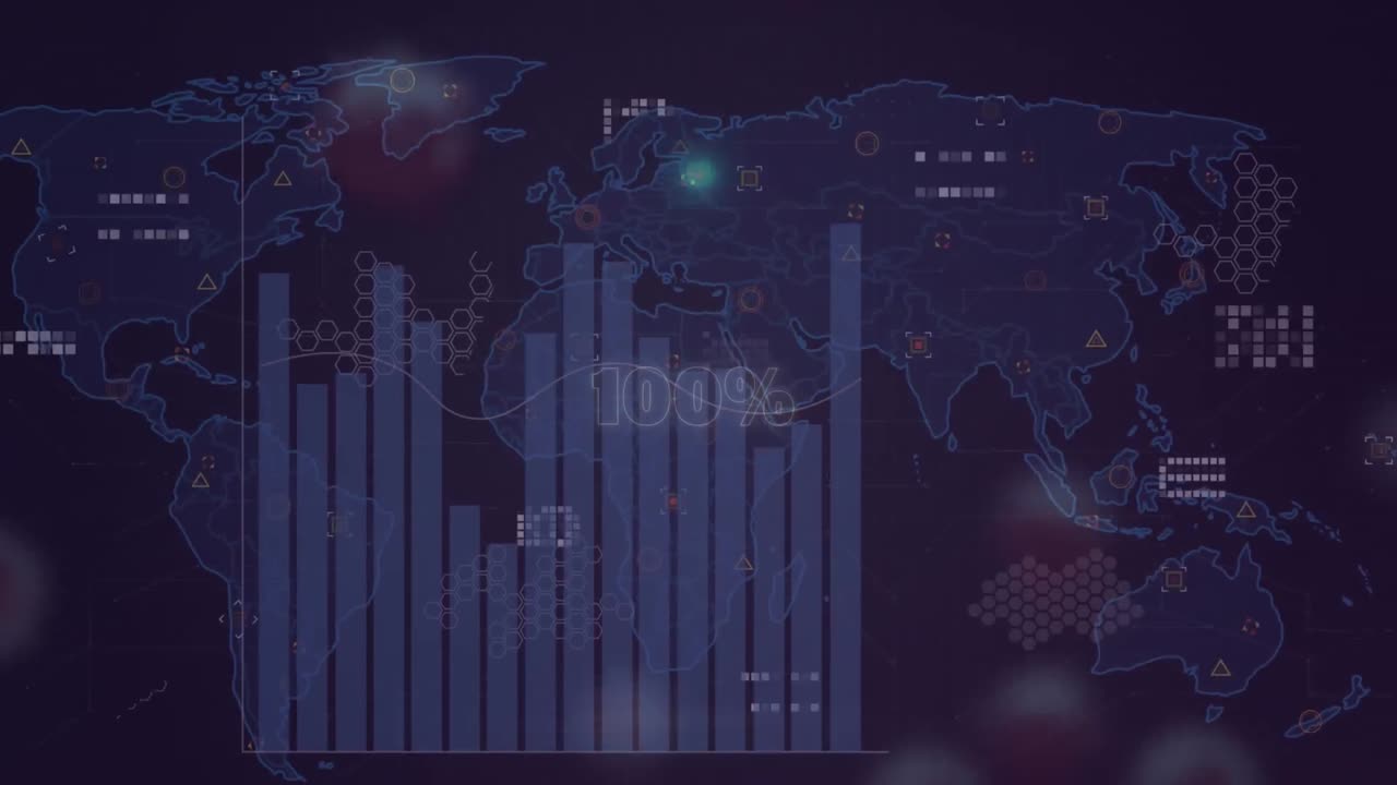 Animation of statistical data processing and covid-19 cells over world map on blue background