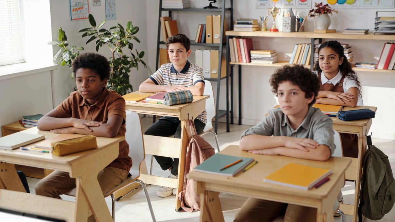 Listening students sitting at desks while instructor speaking to class, notebooks and backpacks