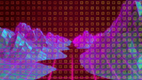 animation of yellow shapes over colorful digital landscape on moving colorful grid