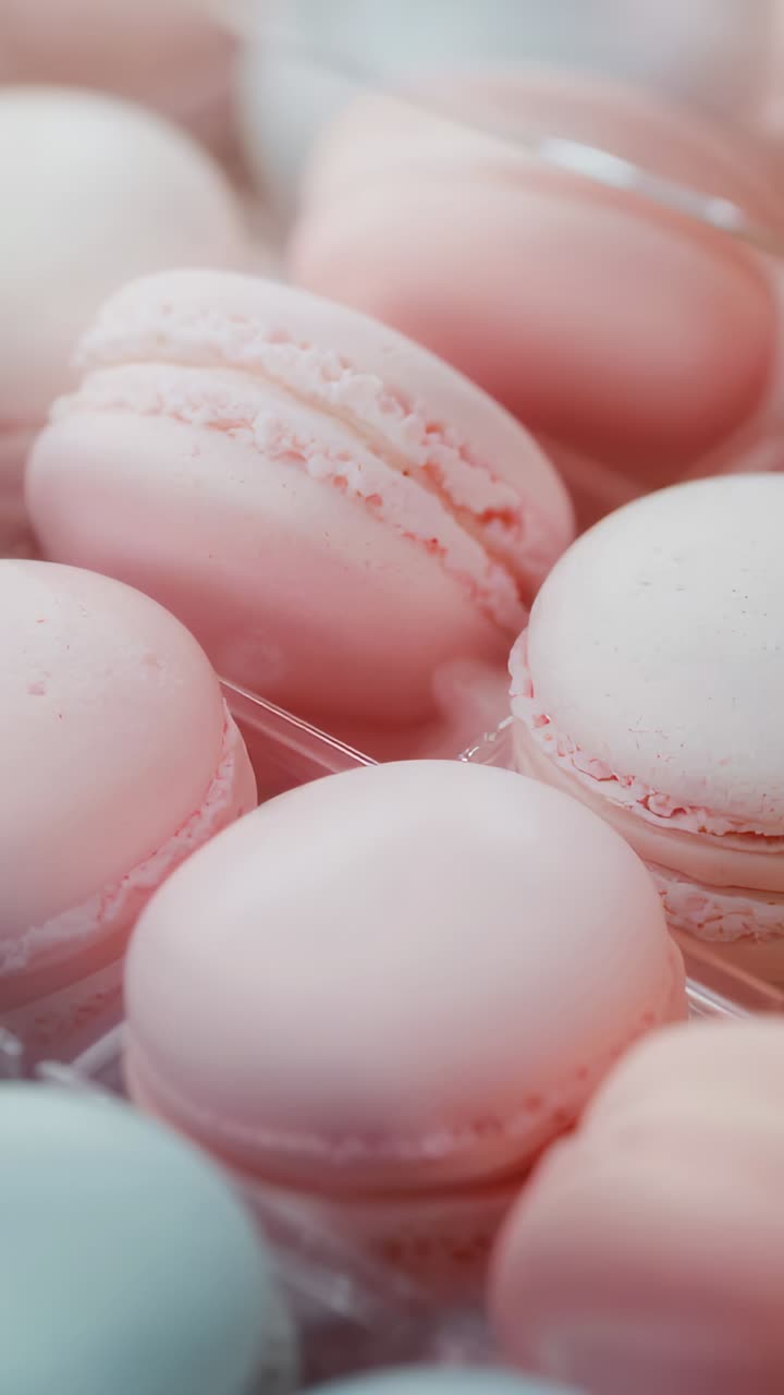 Vertical video: Shifting camera right in bakery bringing white macaron into focus in clear tray