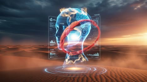 exploring futuristic concepts: a visual representation of advanced technology and human interaction against a desert backdrop
