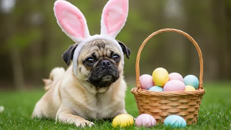 a cute pug wearing bunny ears relaxing near a basket full of colorful easter eggs in a lush green park setting