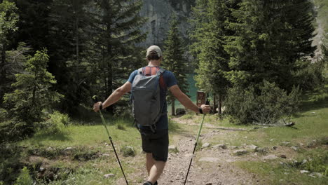 Wanderer,-Der-Mit-Wanderstöcken-Und-Einem-Rucksack-Auf-Den-Schultern-Zum-Krn-see-Geht,-Nadelbäume-Verdecken-Den-Blick-Auf-Den-See