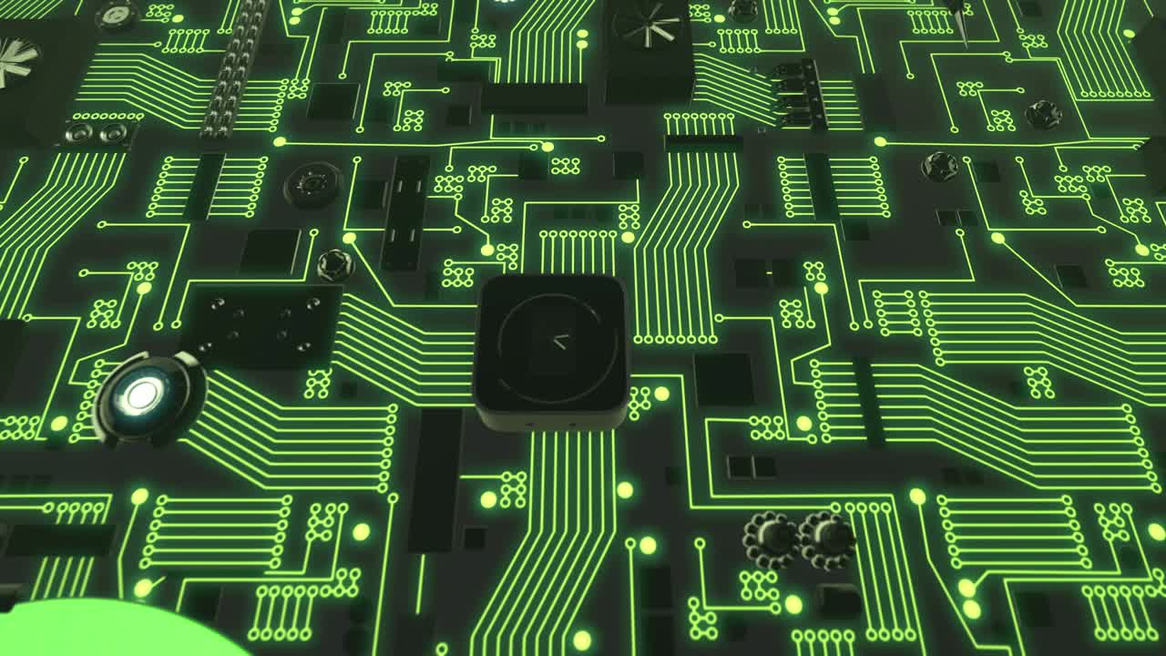 placa de circuitos futurista iluminada en verde con el icono de la calavera