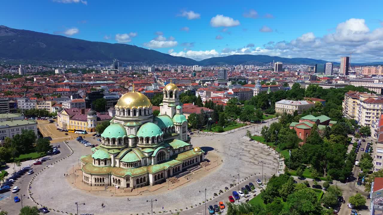Areal cityscape of Sofia, Bulgaria with the majestic Saint Alexander Nevsky Cathedral in the foreground