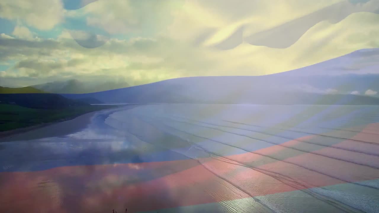 해변 해양 풍경 위에서 날아다니는 러시아 국기의 애니메이션