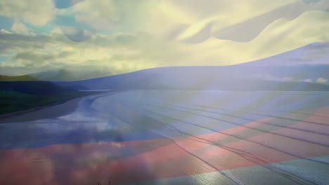 Animación-De-La-Bandera-De-Rusia-Ondeando-Sobre-El-Paisaje-Marino-De-La-Playa.