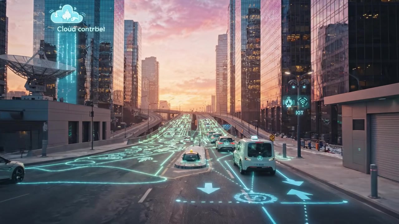 Futuristic urban scene showcasing advanced transportation with connected vehicles navigating through a smart city illuminated by sunset and digital technology.