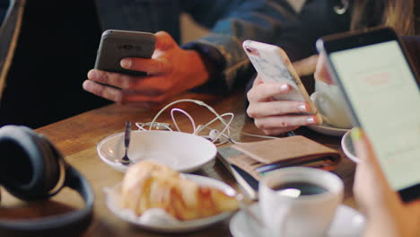 cafe friends, phone hands and social media online