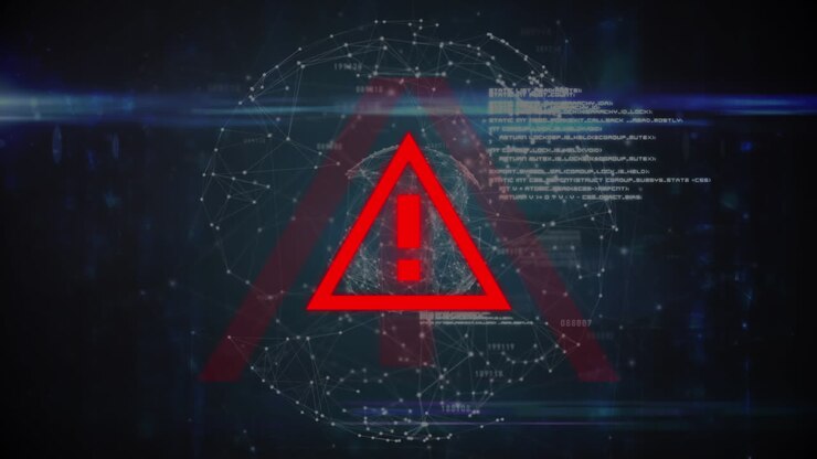 Animation of covid 19 warning text over data processing and globe
