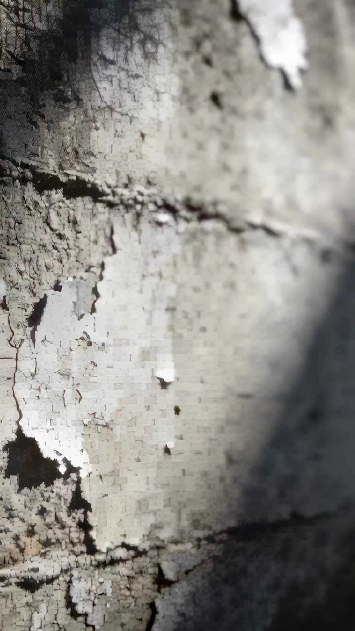 Vertical video: Camera panning wall showing mortar seam and paint chips outside, sun adding depth
