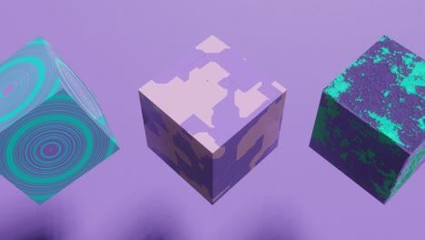 cajas multicolores con patrones abstractos en un fondo violeta. animación abstracta de bucle sin costuras en 3d