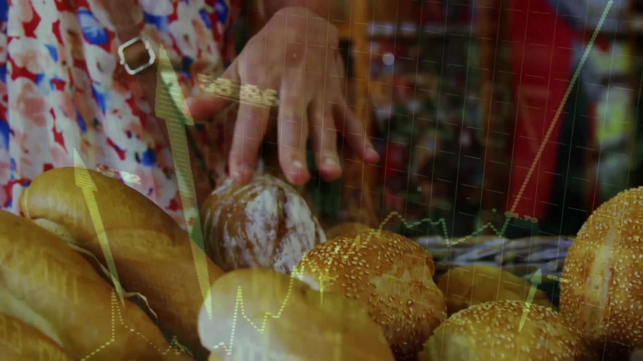 Customer Selecting Fresh Bread in Bakery with Financial Data Overlay