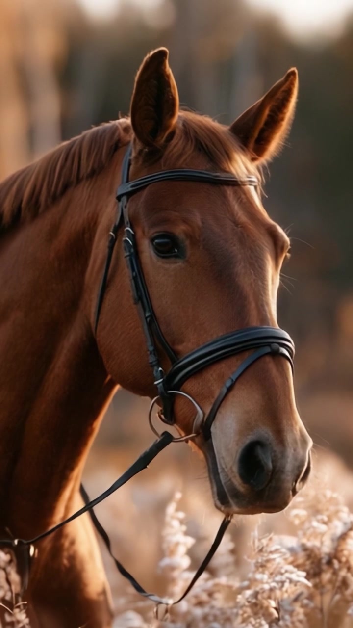 A Majestic Brown Horse in a Serene Natural Landscape, Showcasing Elegance with a Beautiful Bridle Amidst Soft Background Colors
