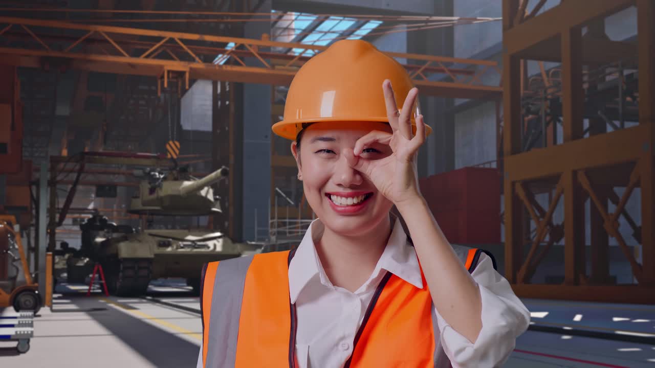 Close Up Of Asian Female Engineer With Safety Helmet Showing Ok Hand Sign Over Eye And Smiling To Camera While Standing, Military Tank Under Construction in Industrial Facility