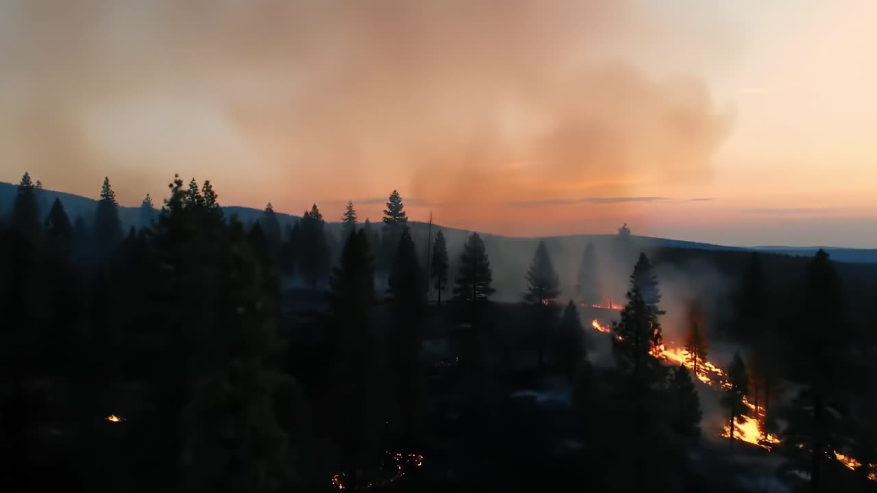 Panorami aerei della distruzione di un incendio al crepuscolo: fumo e fiamme avvolgono gli alberi in un paesaggio desolato con la luce morente del giorno