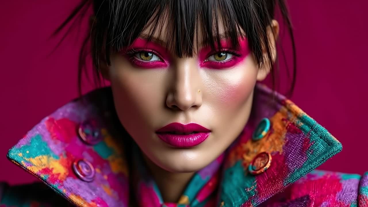 A woman with bright makeup and a colorful coat