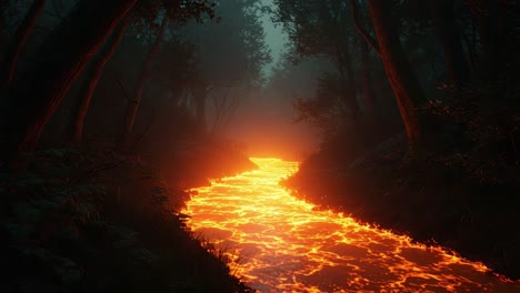 A mesmerizing flow of glowing lava winds through a dense, shadowy forest, creating a striking contrast against the dark surroundings in a mystical landscape