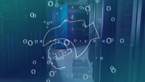 animation of ai data processing and chat icons over computer servers