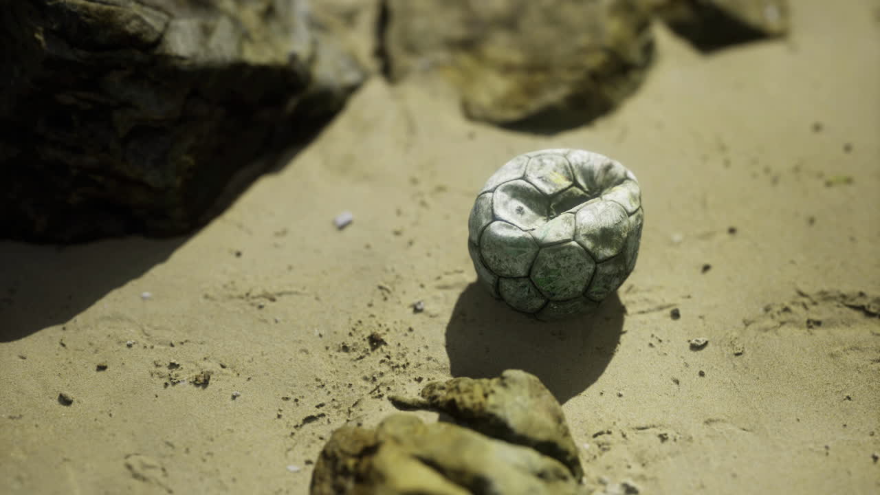 Unique stone resembling a soccer ball on sandy beach surface