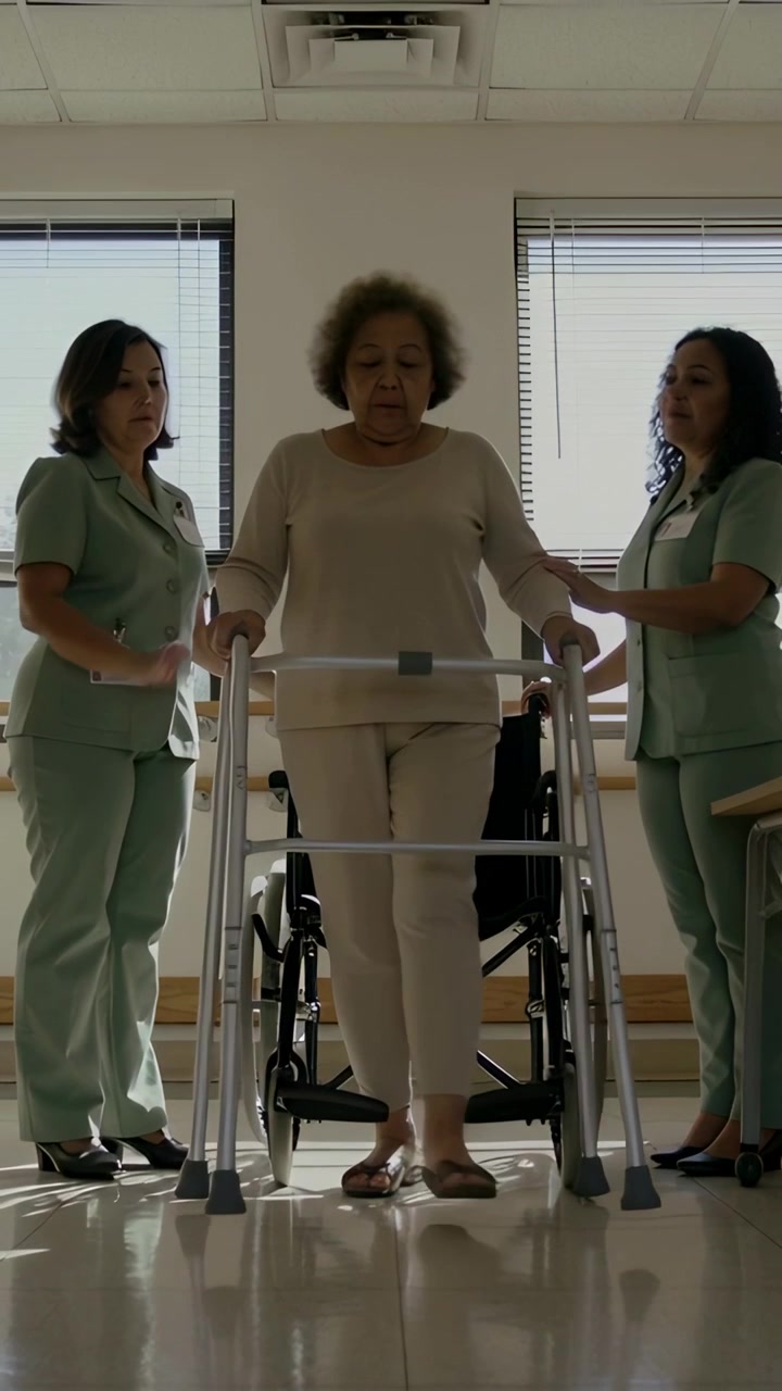 Vertical video: Placing walker, scrub staff holding senior in beige, rising and stepping in rehab