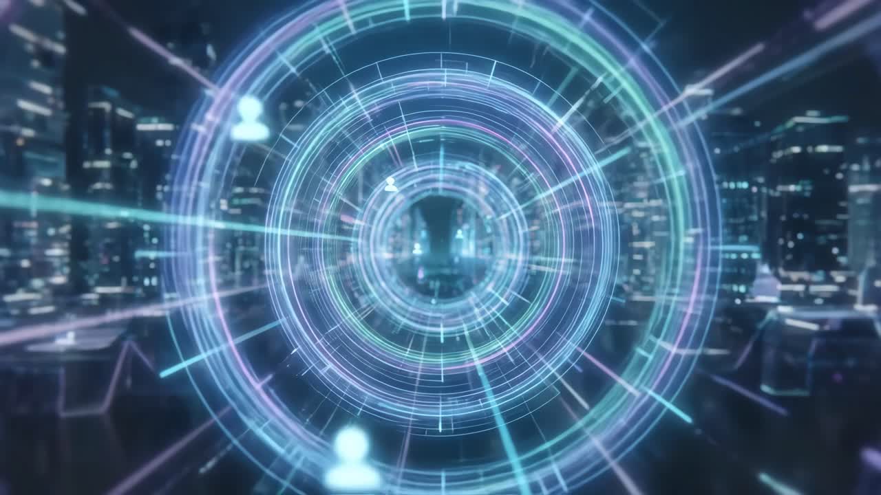 Abstract Digital Network with User Icons and Futuristic City Background