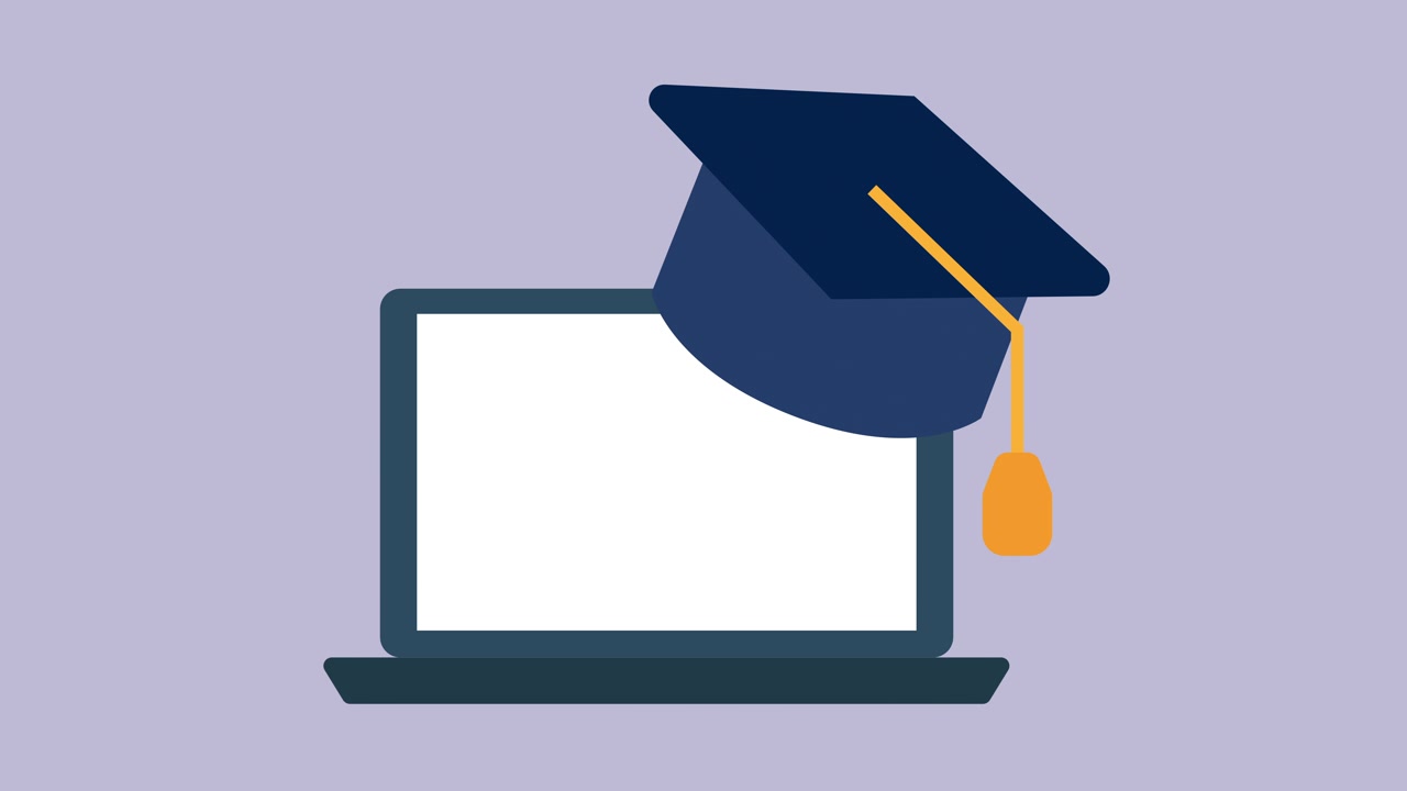 Laptop animato con tocco di laurea per l'istruzione online
